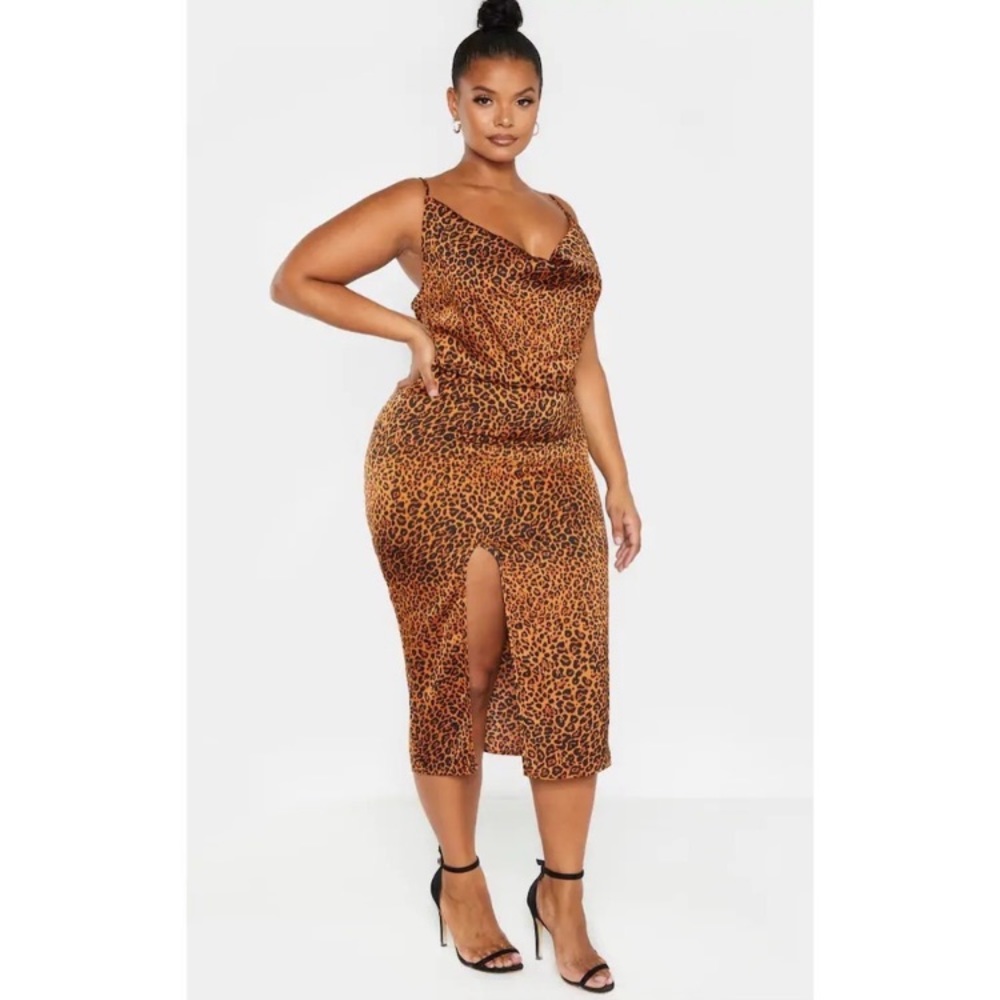 NWT Leopard Print Strappy Satin Cowl Midi Dress Size 12 Plus